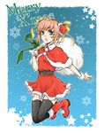  bad_id bad_pixiv_id belt black_legwear blue_eyes boots capelet christmas double_bun fur_trim gintama hair_ribbon jumping kagura_(gintama) merry_christmas open_mouth pink_hair red_capelet red_skirt ribbon sack santa_costume short_hair skirt snowflakes solo star thighhighs umechiui 