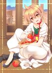  :d ali_baba_saluja apple bag blonde_hair blush collarbone earrings food fruit grocery_bag holding indian_style jewelry looking_at_viewer magi_the_labyrinth_of_magic male_focus nekosugi_(hoshi) open_mouth shopping_bag sitting smile solo yellow_eyes 