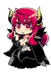  armor armored_dress blush breasts bridal_gauntlets cape center_opening chibi cleavage demon_girl horns ishida_akira large_breasts long_hair maou_(maoyuu) maoyuu_maou_yuusha red_eyes red_hair smile solo 