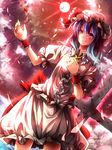  blue_hair cross full_moon fuuna_(conclusion) gradient_hair hat highres moon multicolored_hair petals red_eyes red_moon remilia_scarlet short_hair skirt skirt_set smile solo touhou wrist_cuffs 