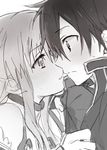  1girl asuna_(sao) blush couple hetero imminent_kiss kirito monochrome nicolat sweatdrop sword_art_online 