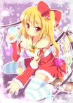  alternate_costume bare_shoulders bell blonde_hair bow detached_sleeves flandre_scarlet hair_bow highres holly looking_at_viewer outline red_eyes santa_costume side_ponytail sitting solo striped striped_legwear thighhighs touhou wariza wings yuimari zettai_ryouiki 