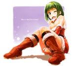  ;o bare_shoulders bell blush boots bow breasts brown_eyes christmas cleavage detached_sleeves embarrassed green_hair hairband highres idolmaster idolmaster_(classic) kousaku large_breasts looking_at_viewer merry_christmas one_eye_closed open_mouth otonashi_kotori santa_costume short_hair sitting skirt skirt_tug solo tears wince 