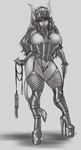  big_breasts blush breasts collar corruption_of_champions corset dominatrix erect_nipples excellia_(coc) excellia_(corruption_of_champions) female horn huge_breasts looking_at_viewer minotaur monochrome nipples panties smile suumunster underwear whip 