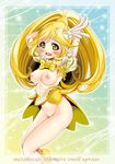  armpits arms_up bad_id bad_pixiv_id blonde_hair blush bottomless bow breasts cure_peace groin hair_flaps hair_ornament itachou kise_yayoi long_hair medium_breasts nipples open_mouth ponytail precure smile_precure! solo tears yellow yellow_bow yellow_eyes 