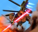  double-blade energy_sword fire glowing glowing_eye green_eyes gundam gundam_seed hiropon_(tasogare_no_puu) lagowe mecha mouth_hold no_humans smoke solo sword weapon 