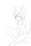  animal_ears copyright_request flat_chest greyscale majima_yuki monochrome one-piece_swimsuit school_swimsuit short_hair simple_background sitting solo swimsuit tail white_background 