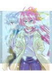  blue_eyes blush frown hair_ribbon hands_in_pockets long_hair lyrical_nanoha mahou_shoujo_lyrical_nanoha mahou_shoujo_lyrical_nanoha_a's multiple_girls pink_hair ponytail red_eyes reinforce ribbon san-pon scarf signum silver_hair snow trench_coat 