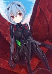  ayanami_rei black_bodysuit blue_hair blush bodysuit breasts cloud evangelion:_3.0_you_can_(not)_redo expressionless hair_ornament legs_together looking_at_viewer medium_breasts neon_genesis_evangelion plugsuit rebuild_of_evangelion red_eyes rubble ruins shiny shiny_clothes short_hair sitting siva_(executor) sky solo 