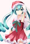  aqua_hair bad_id bad_pixiv_id dress green_eyes hat hatsune_miku jasied long_hair santa_costume santa_hat simple_background solo twintails very_long_hair vocaloid 