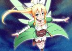  blonde_hair braid breasts choker cleavage elf flying green_eyes green_wings highres large_breasts leafa long_hair ookami_maito outstretched_arms pointy_ears ponytail smile solo sword_art_online twin_braids wings 