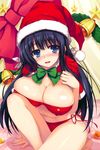  arm_support bare_legs barefoot bikini black_hair blue_eyes blush breast_press breasts capelet christmas cleavage hat highres huge_breasts long_hair original red_bikini santa_hat shiny shiny_skin side-tie_bikini smile solo string_bikini swimsuit taut_clothes taut_swimsuit tomose_shunsaku 