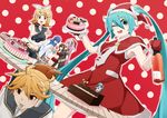  4girls aqua_eyes aqua_hair belt blonde_hair blue_eyes blue_hair blue_scarf brown_eyes brown_hair cake detached_sleeves dress dutch_angle earmuffs food fork hair_ornament hair_ribbon hairclip hat hatsune_miku headphones highres kagamine_len kagamine_rin kaito long_hair megurine_luka meiko midriff mittens multiple_boys multiple_girls navel necktie nikuzaiku one_eye_closed open_mouth piano_keys pink_hair project_diva_(series) project_diva_2nd ribbon santa_costume santa_hat scarf twintails very_long_hair vocaloid yellow_eyes 