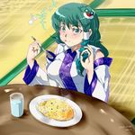  :t bare_shoulders blush breasts detached_sleeves eating food fried_rice frog_hair_ornament green_eyes green_hair hair_ornament hair_tubes kochiya_sanae large_breasts long_hair looking_at_viewer nyuu_(manekin-eko) ok_sign plate rice smile snake_hair_ornament solo spoon touhou water 