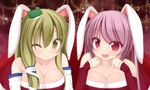  animal_ears blush breasts bunny_ears chimunge cleavage collarbone detached_sleeves frog_hair_ornament green_eyes green_hair hair_ornament highres kochiya_sanae large_breasts long_hair multiple_girls one_eye_closed open_mouth pink_eyes purple_hair reisen_udongein_inaba santa_costume smile touhou 