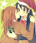  black_eyes black_hair blush box brown_hair christmas closed_eyes gift gift_box hachiko_(hati12) hat imminent_kiss long_hair multiple_girls nail_polish open_mouth original profile santa_hat school_uniform star sweater two_side_up yuri 