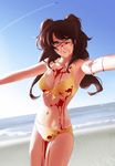  1girl atlus beach bikini blood breasts brown_eyes brown_hair cleavage eu03 glasses highres kujikawa_rise long_hair navel ocean persona persona_4 red-framed_glasses semi-rimless_glasses solo swimsuit twintails yellow_bikini 