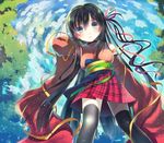  bare_shoulders black_hair black_legwear blue_eyes blush detached_sleeves hair_ribbon io_enishi japanese_clothes long_hair looking_at_viewer original plaid plaid_skirt pleated_skirt red_ribbon ribbon skirt sleeves_past_wrists solo thighhighs yellow_ribbon 