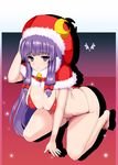  arm_support barefoot bell bikini blush breasts christmas cleavage crescent hat ishimiso_(ishimura) kneeling large_breasts long_hair patchouli_knowledge purple_eyes purple_hair solo swimsuit touhou 