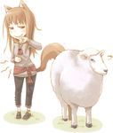  animal animal_ears anklet ayakura_juu brown_hair capri_pants drooling hand_on_own_stomach hand_to_own_mouth holo hunger_pangs hungry imageboard_sample jewelry long_hair no_socks novel_illustration pants red_eyes sheep shoes spice_and_wolf stomach_growling tail wolf_ears wolf_tail 