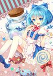  alternate_costume bad_id bad_pixiv_id blue_eyes blue_hair bow candy cirno enmaided food hair_bow ice ice_wings looking_at_viewer maid nosaki open_mouth short_hair solo thighhighs touhou white_legwear wings 