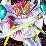  cherry_blossoms full_moon green_eyes highres katana long_hair mecha moon open_mouth pink_hair puspus solo super_robot_wars super_robot_wars_the_lord_of_elemental sword valsione_r weapon 