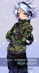  bad_id bad_pixiv_id blue_hair blush english fubuki_atsuya headphones highres inazuma_eleven inazuma_eleven_(series) male_focus matarou_(genkai_toppa) open_mouth signature solo woodland_pattern yellow_eyes 