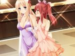  :d blonde_hair blue_eyes blush breasts cleavage dress elbow_gloves formal game_cg gloves hair_ribbon jewelry large_breasts long_hair matsubara_yuuna multiple_girls necklace oda_nanami open_mouth peko pink_dress pink_gloves purple_dress red_eyes red_hair ribbon smile sono_hanabira_ni_kuchizuke_wo sparkle twintails white_gloves 