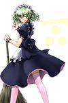  apron bamboo_broom blue_eyes bow broom green_hair hair_twirling highres kurotsuki_nanai looking_back maid_headdress mouri_teru rance_(series) sengoku_rance simple_background smile solo thighhighs wrist_cuffs 