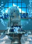  blue_eyes blue_flower blue_rose dress elbow_gloves flower gloves hair_flower hair_ornament hatsune_miku head_tilt highres long_hair marirero_a pantyhose rose sitting solo very_long_hair vocaloid window 