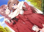  blue_eyes blush brown_hair cloud cousins day game_cg glasses hair_ornament hairclip heart holding_hands kitajima_kaede kitajima_sara multiple_girls open_mouth peko purple_eyes scarf school_uniform shared_scarf sky smile sono_hanabira_ni_kuchizuke_wo st._michael's_school_uniform tree yuri 