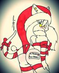  blush bondage bound breasts butt christmas dragon ear_piercing female freckles gift hair hat holidays long_hair looking_at_viewer looking_back piercing ribbons santa_hat side_boob text traditional_art traditional_media yellow_eyes 
