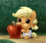  apple applejack_(mlp) black_eyes blonde_hair bush cub cute diaper eating equine female feral freckles friendship_is_magic fruit hair horse john_joseco mammal my_little_pony nom om_nom_nom outside pony solo young 