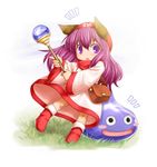  animal_ears bag blush_stickers bobby_socks boots chibi dragon_quest dragon_quest_ii dress hat highres kasuga_yukihito long_hair open_mouth princess_of_moonbrook purple_eyes purple_hair satchel slime_(dragon_quest) socks staff 