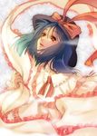  blurry bow depth_of_field endou_(hot_handle) floating_hair fog frills hat hat_bow hat_ribbon looking_up nagae_iku parted_lips purple_hair red_eyes ribbon shawl short_hair solo touhou 