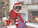  blush bottomless butt canine chancebandit christmas clothed clothing condom coyote cute eyewear gift girly glasses half-dressed holidays looking_at_viewer male mammal presenting ribbons scarf skimpy solo 
