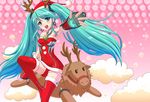 antlers aqua_eyes aqua_hair armpits chaki-yam christmas cloud detached_sleeves earrings hat hatsune_miku jewelry long_hair open_mouth outstretched_arm reindeer riding santa_costume santa_hat shorts sitting solo star thighhighs twintails very_long_hair vocaloid 