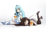  akemi_homura alcohol aqua_hair beer beer_mug black_hair black_legwear blue_eyes blue_skirt bottom_touching_surface crossover cup cure_marine drunk english hair_ornament hairband heart heartcatch_precure! holding holding_cup kurumi_erika long_hair lying magical_girl mahou_shoujo_madoka_magica multiple_girls on_stomach pantyhose precure raised_eyebrow sitting skirt sunimu thighhighs white_legwear 