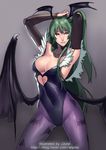  animal_print armpits bad_id bad_pixiv_id bat_print bat_wings breasts cleavage demon_girl green_eyes green_hair head_wings heart_cutout jjune large_breasts long_hair looking_at_viewer morrigan_aensland pantyhose print_legwear solo succubus vampire_(game) watermark web_address wings 