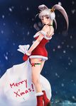  bare_shoulders bell boots breasts breath christmas cleavage gloves hair_bell hair_ornament highres large_breasts long_hair looking_back night night_sky open_mouth original panties rasukaru red_eyes red_gloves sack santa_costume silver_hair sky smile snow solo striped striped_panties thigh_strap twintails underwear 