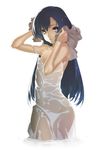  92m blue_hair brown_eyes dress idolmaster idolmaster_(classic) kisaragi_chihaya long_hair open_mouth see-through see-through_silhouette simple_background solo towel wet wet_clothes white_background white_dress 