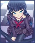  bad_id bad_pixiv_id black_hair black_legwear blush border checkered checkered_floor kasai_shin long_hair looking_at_viewer original pantyhose school_uniform serafuku sitting skirt solo wariza 