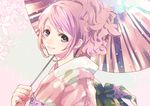  alicetype holding japanese_clothes kimono long_hair looking_at_viewer original pink_eyes pink_hair ponytail smile solo umbrella 