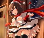  black_legwear blush breasts breasts_outside brown_hair christmas door dress_shirt gloves hat highres holding holding_panties large_breasts looking_at_viewer nipples no_bra no_panties open_clothes open_mouth open_shirt panties panties_removed pubic_hair red_eyes red_gloves santa_hat scarf shameimaru_aya shirt short_hair skirt smile snow solo thighhighs touhou underwear white_panties wind window yoshimo 