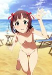  1girl akai_toshifumi amami_haruka arm_up barefoot beach blush breasts brown_hair chair cloud drink feet green_eyes hair_ribbon highres idolmaster legs lounge_chair navel nipples nude nude_filter ocean open_mouth photoshop pussy ribbon sand short_hair sky solo table toes uncensored water 