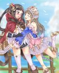  atelier_(series) atelier_totori bare_shoulders bird black_hair blush boots brown_hair closed_eyes cloud day dress fence gloves hair_ornament hat hug imminent_hug knee_boots kyoukya_(kyouya02) lake long_hair mimi_houllier_von_schwarzlang multiple_girls open_mouth outstretched_arms outstretched_hand pink_footwear ponytail purple_eyes skirt sky smile sweatdrop thighhighs totooria_helmold white_legwear 