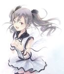  belt blush dress drill_hair feathers grey_hair hair_ornament hands_on_own_chest hands_together idolmaster idolmaster_cinderella_girls kanzaki_ranko long_hair looking_at_viewer minasato_hibiki open_mouth own_hands_together sleeveless sleeveless_dress smile solo thighhighs twin_drills twintails 