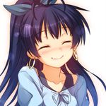  ^_^ antenna_hair black_hair blush closed_eyes collarbone earrings fang fang_out ganaha_hibiki hair_ribbon hoop_earrings idolmaster idolmaster_(classic) jewelry long_hair nose_blush ponytail racer_(magnet) ribbon smile solo upper_body 