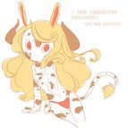  blonde_hair bovine cattle clothed clothing curly_hair female hair half-dressed horn hybrid lagomorph long_hair looking_at_viewer mammal monster monster_girl panties rabbit red_eyes sailorpalin simple_background smile solo stars text topless underwear 