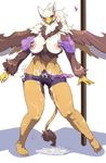  avian beak blush breasts claws clothing cum cum_on_self dickgirl erection feathers granoa gryphon intersex looking_at_viewer nipple_piercing nipples open_mouth penis piercing sasamix shorts solo standing wings yellow_eyes 